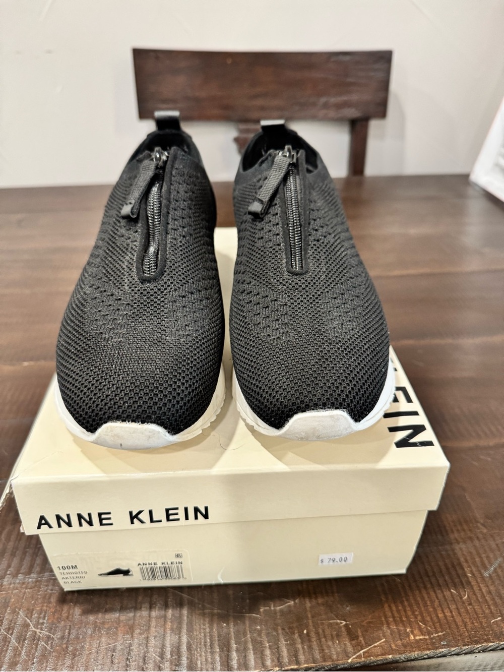 Anne Klein Black Knit Zip-Front Slip-On Sneakers